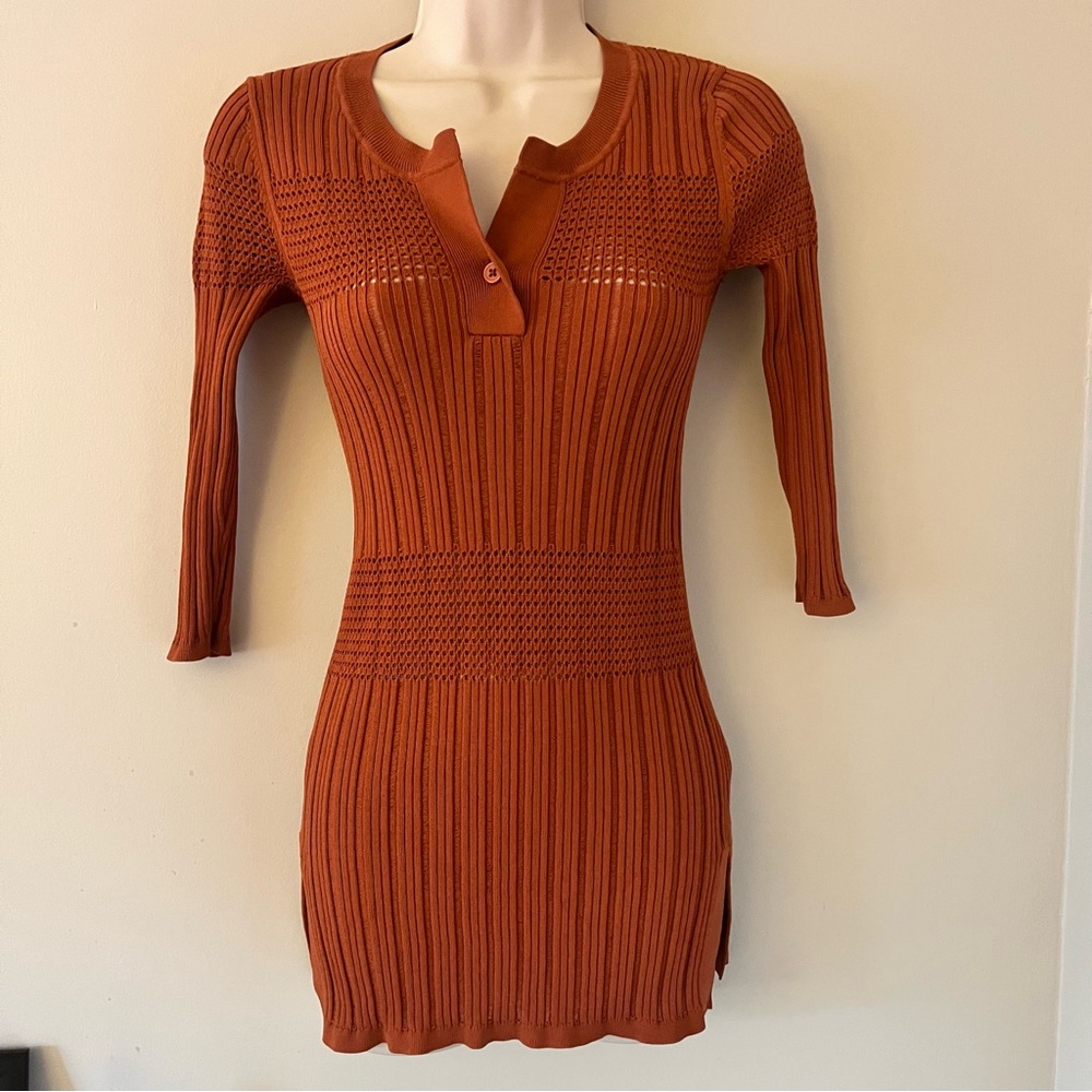 Sandro 3/4 Sleeve Ribbed V Neck Burnt Orange Sweater Size 1 (US Small)